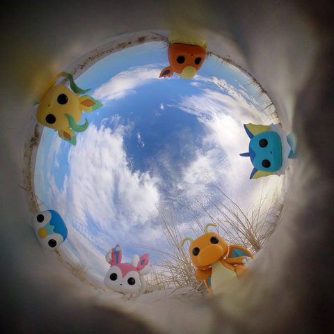 Flareon, Leafeon, Vaporeon, Dragonite, Sylveon, Piplup figurines at White Sands National Park, United States