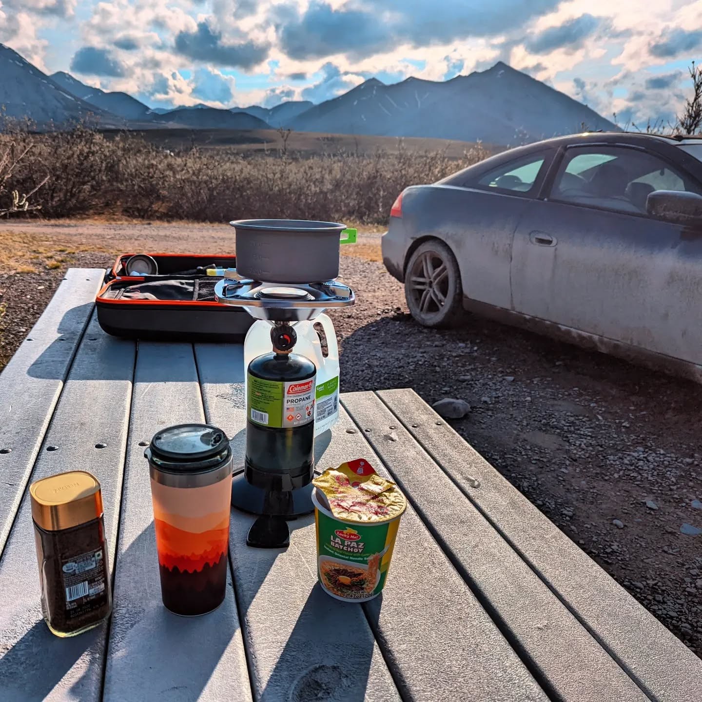 Coffee and ramen at camp beside the Dalton Highway in Alaska
