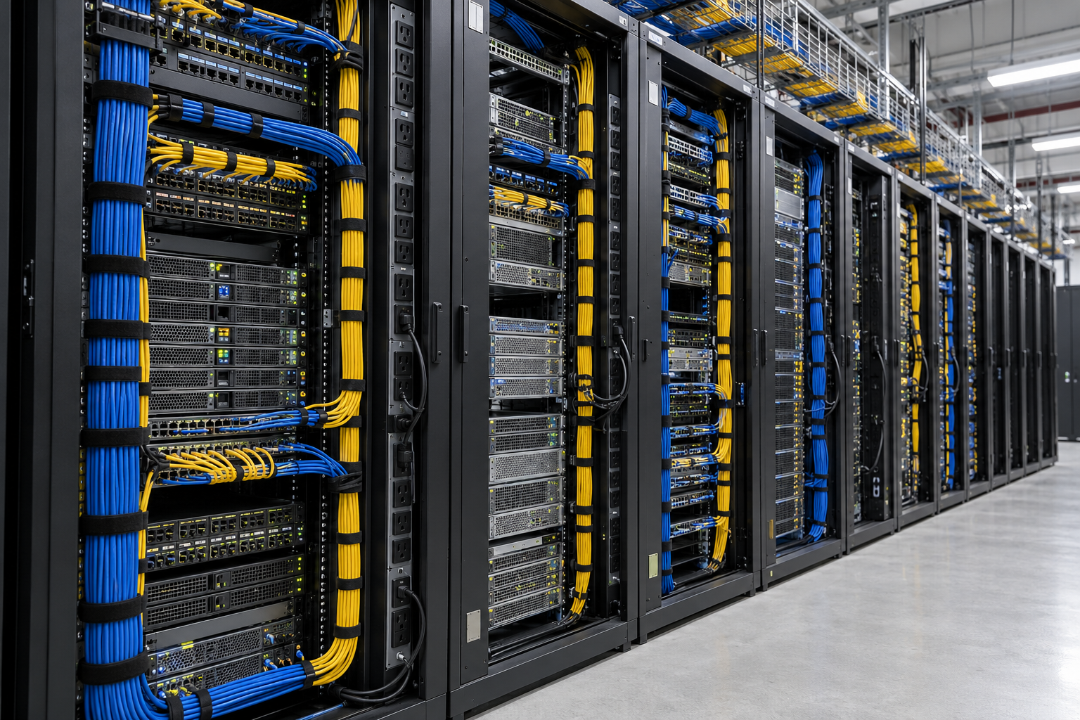 Illustration of networked server racks in an enterprise data center
