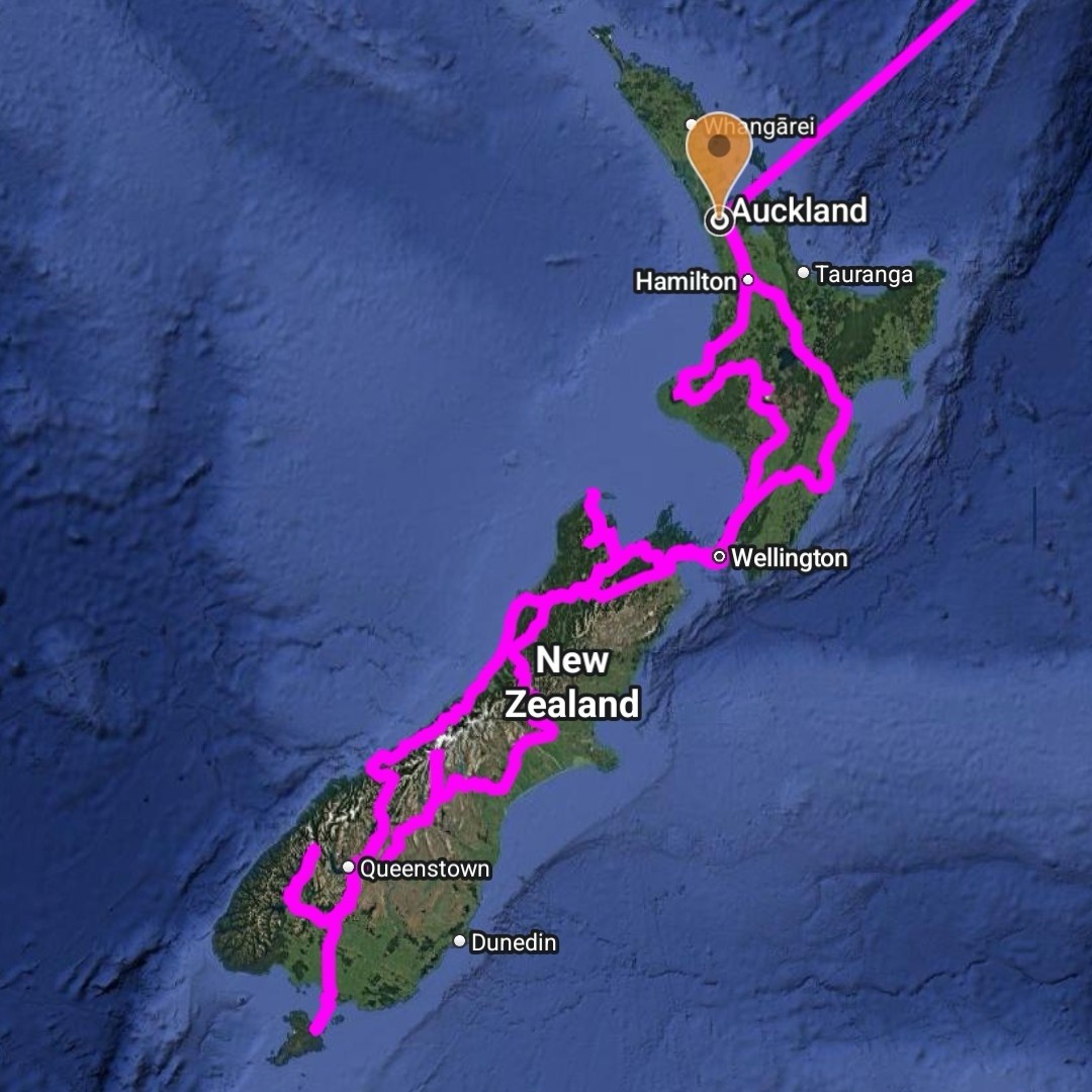 My posted trip map through both islands of New Zealand